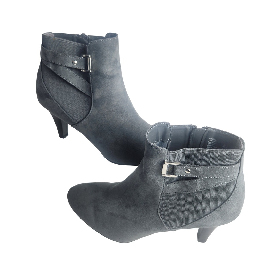 Dexflex Comfort Gray Faux Suede Ankle Boots Buckle Zip Kitten Heel Size 8 178400